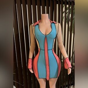 Colorblock Mesh Long Sleeve Mini Dress